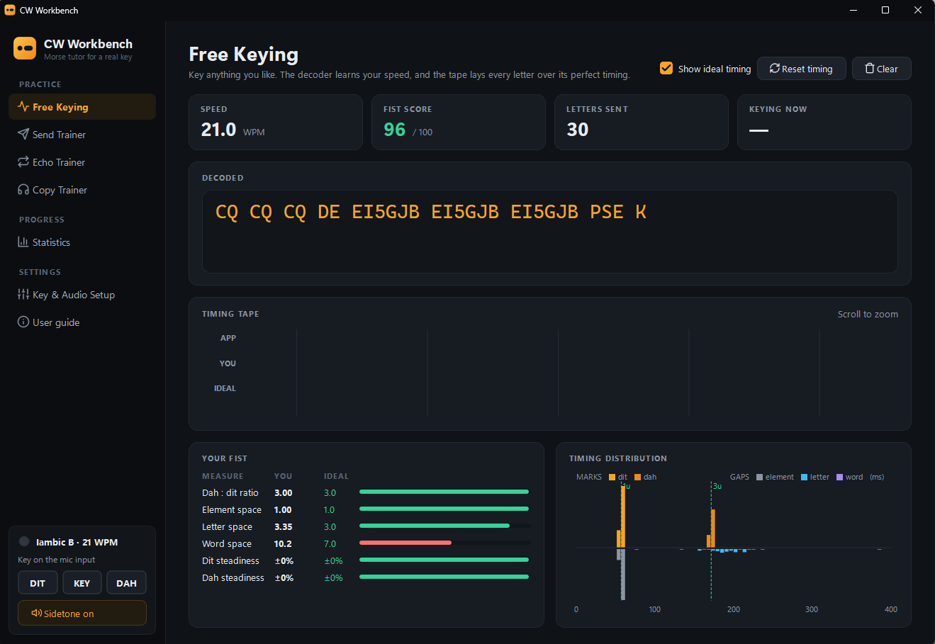 CW Workbench Free Keying page with decoded text, a timing tape and fist statistics