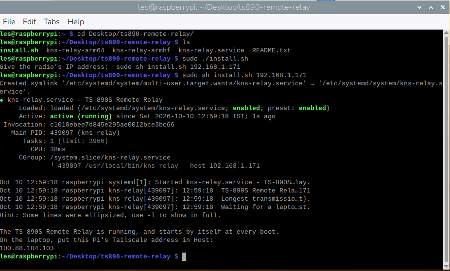 Raspberry Pi terminal showing relay installation, enabled and running kns-relay service, the example radio LAN address and the Pi Tailscale address.